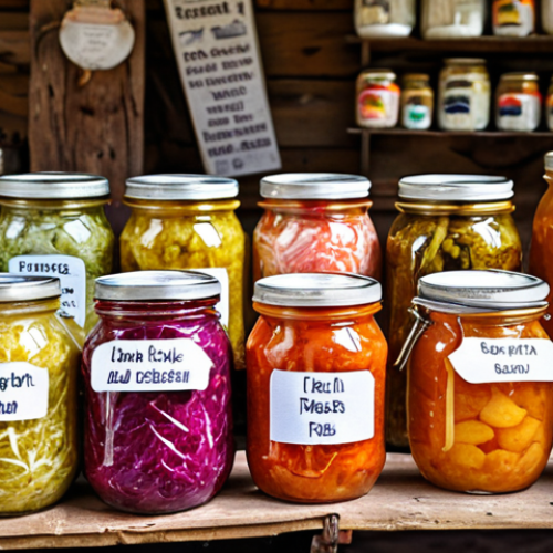 **

A colorful display of various fermented foods like sauerkraut, pickles, kefir, and yogurt, arranged in a rustic market stall setting in Poland. Focus on the vibrant colors and textures of the foods, emphasizing their natural, probiotic-rich qualities. Add some jars with homemade labels.

**