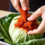 A vibrant, close-up shot of homemade kimchi being prepared. Focus on the red gochugaru paste being generously applied to the cabbage leaves. Include elements like garlic cloves and ginger root to emphasize the freshness of the ingredients.