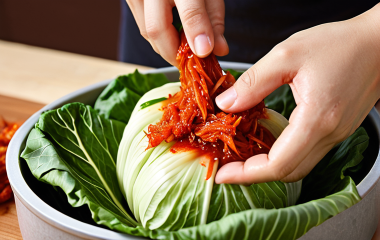 A vibrant, close-up shot of homemade kimchi being prepared. Focus on the red gochugaru paste being generously applied to the cabbage leaves. Include elements like garlic cloves and ginger root to emphasize the freshness of the ingredients.