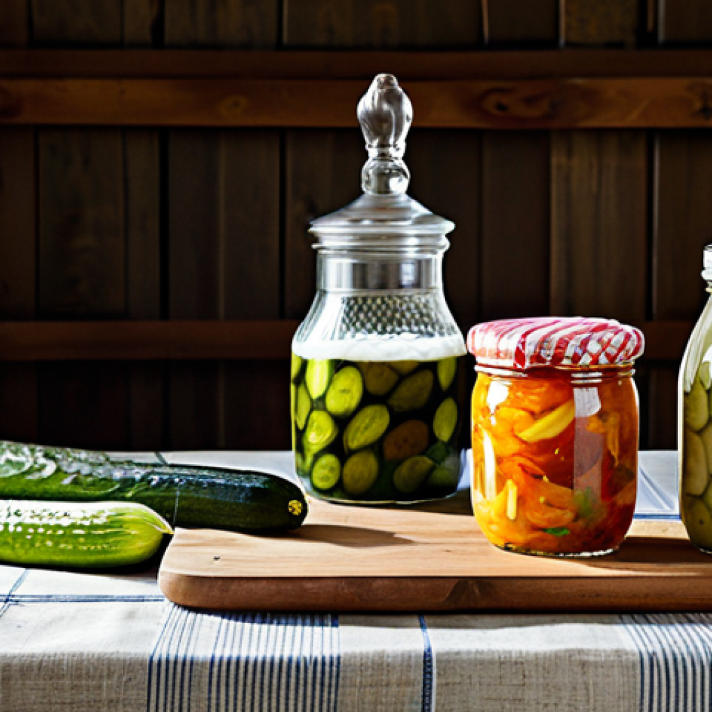 **
A vibrant and colorful still life featuring a variety of fermented foods popular in Poland. Include jars of *ogórki kiszone* (pickled cucumbers) and *kapusta kiszona* (sauerkraut), a bowl of natural yogurt with fresh berries, and a bottle of *kefir*. Display the items on a rustic wooden table with a linen tablecloth in a brightly lit kitchen. Ensure all items are clearly visible and appetizing. "Safe for work," "appropriate content," "fully clothed," "professional photography," "high quality," "family-friendly."
**