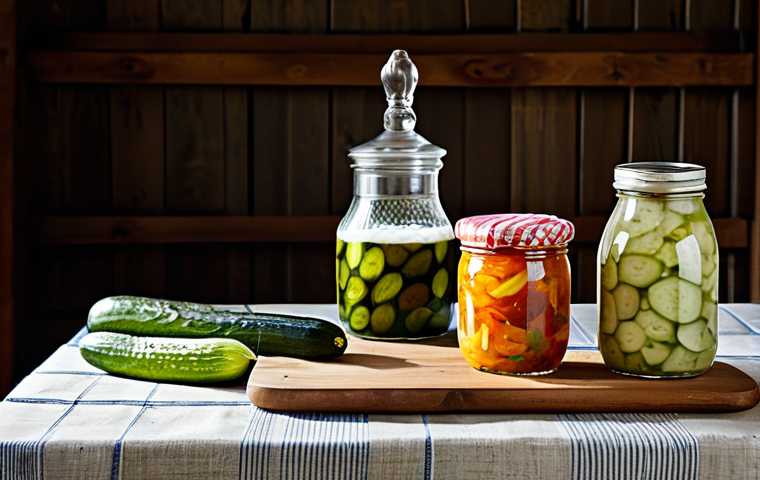 **

A vibrant and colorful still life featuring a variety of fermented foods popular in Poland. Include jars of *og&oacute;rki kiszone* (pickled cucumbers) and *kapusta kiszona* (sauerkraut), a bowl of natural yogurt with fresh berries, and a bottle of *kefir*.  Display the items on a rustic wooden table with a linen tablecloth in a brightly lit kitchen.  Ensure all items are clearly visible and appetizing. "Safe for work," "appropriate content," "fully clothed," "professional photography," "high quality," "family-friendly."

**