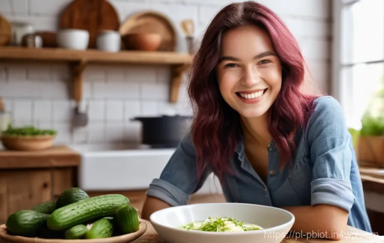 프로바이오틱스와 소화 건강의 중요성 - **Prompt:** A cheerful young woman, aged 25-35, with a radiant smile, is seated at a rustic wooden t...