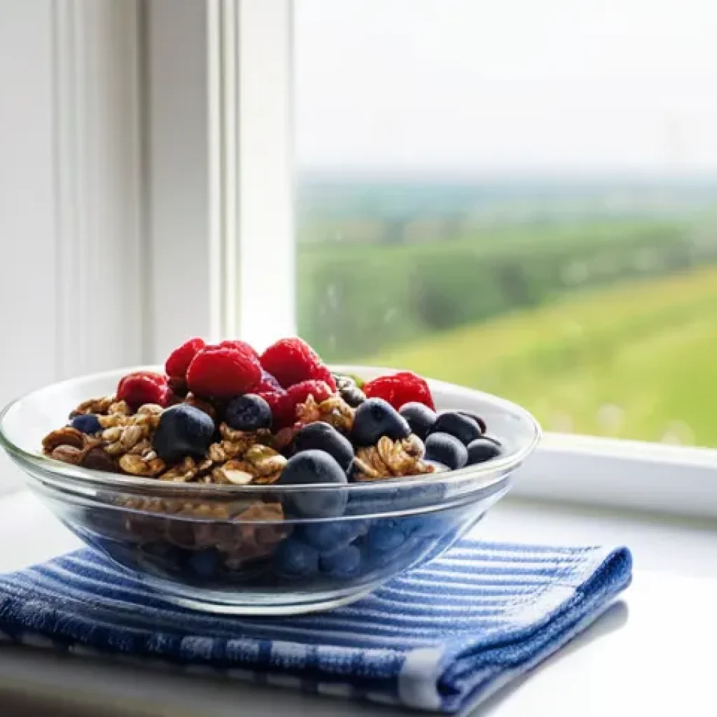 프로바이오틱스 음식을 포함한 식사 계획 - **A Vibrant Probiotic Breakfast**
A cheerful, casually dressed young adult, appearing healthy an...