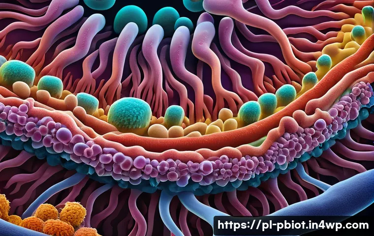 프로바이오틱스와 장내 세균총의 균형 - A vibrant and detailed illustration of a diverse gut microbiota ecosystem inside a human digestive t...