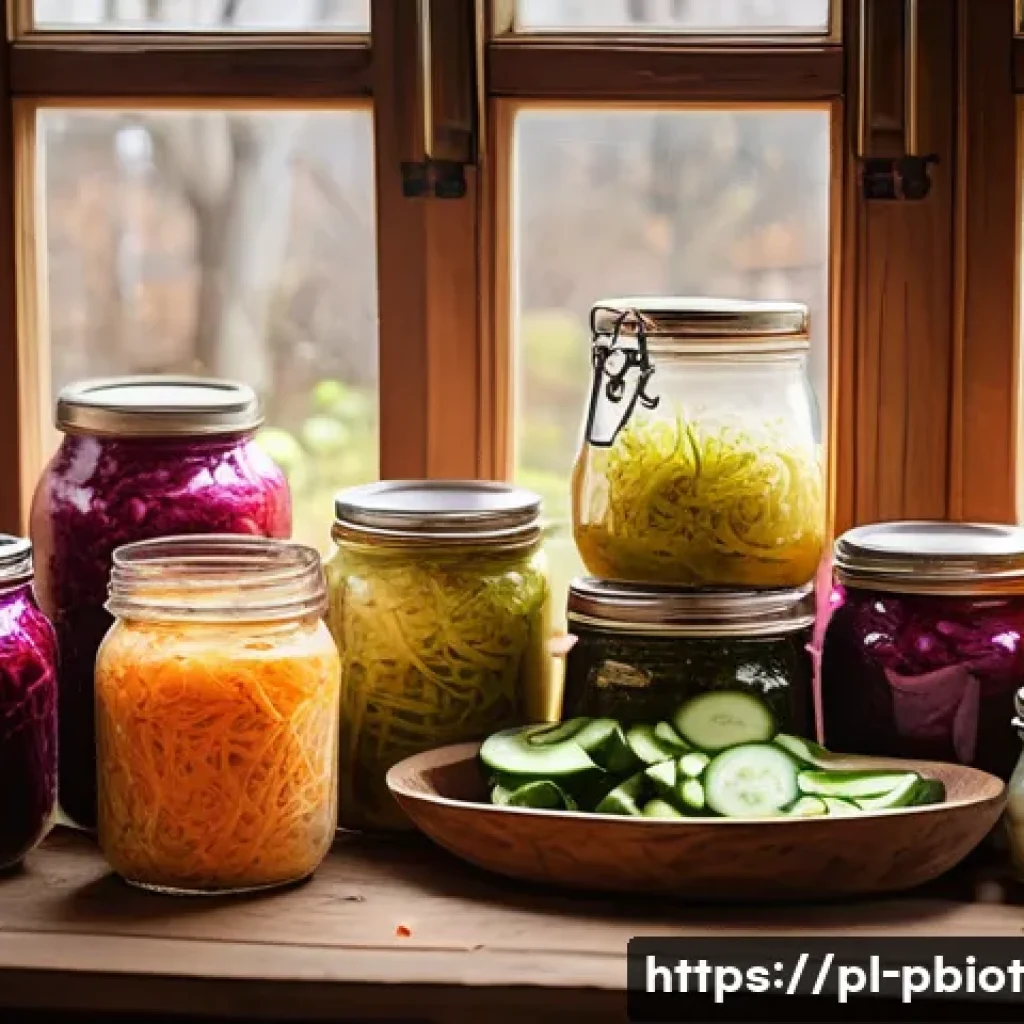 프로바이오틱스 음식의 글로벌 트렌드 - A rustic Polish kitchen scene featuring traditional fermented foods: a wooden table laden with a lar...