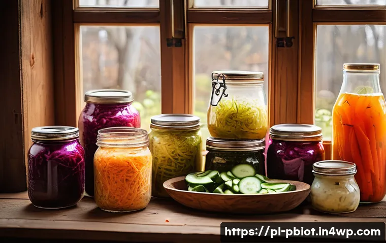 프로바이오틱스 음식의 글로벌 트렌드 - A rustic Polish kitchen scene featuring traditional fermented foods: a wooden table laden with a lar...