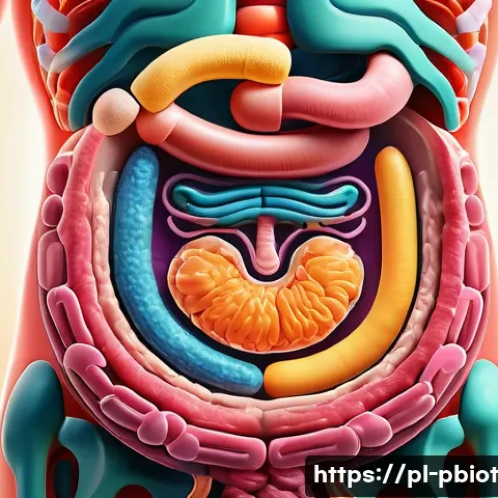 프로바이오틱스와 항균 효과 - A vibrant, detailed illustration of a human digestive system focusing on the intestines, showing a b...
