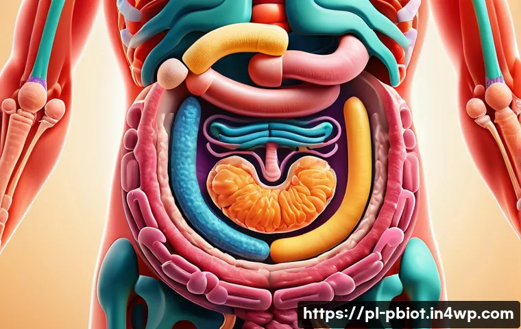 프로바이오틱스와 항균 효과 - A vibrant, detailed illustration of a human digestive system focusing on the intestines, showing a b...
