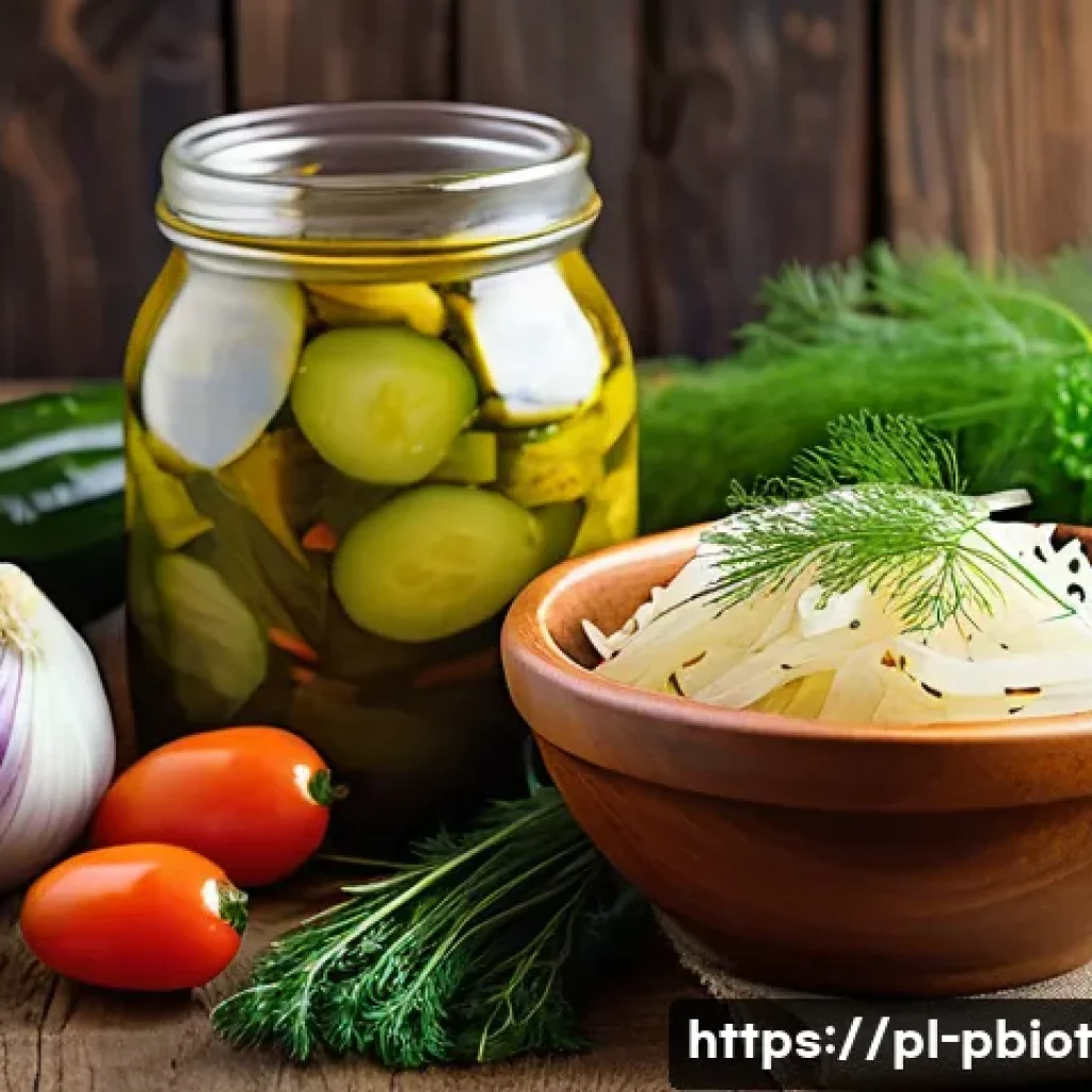 프로바이오틱스 음식으로 변비 완화하기 - A vibrant, close-up still life of traditional Polish fermented foods on a rustic wooden table: a cer...