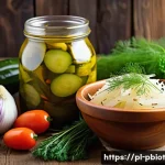 Home 22 프로바이오틱스 음식으로 변비 완화하기 - A vibrant, close-up still life of traditional Polish fermented foods on a rustic wooden table: a cer...