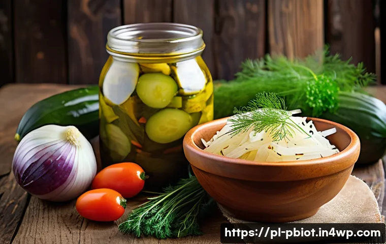 프로바이오틱스 음식으로 변비 완화하기 - A vibrant, close-up still life of traditional Polish fermented foods on a rustic wooden table: a cer...