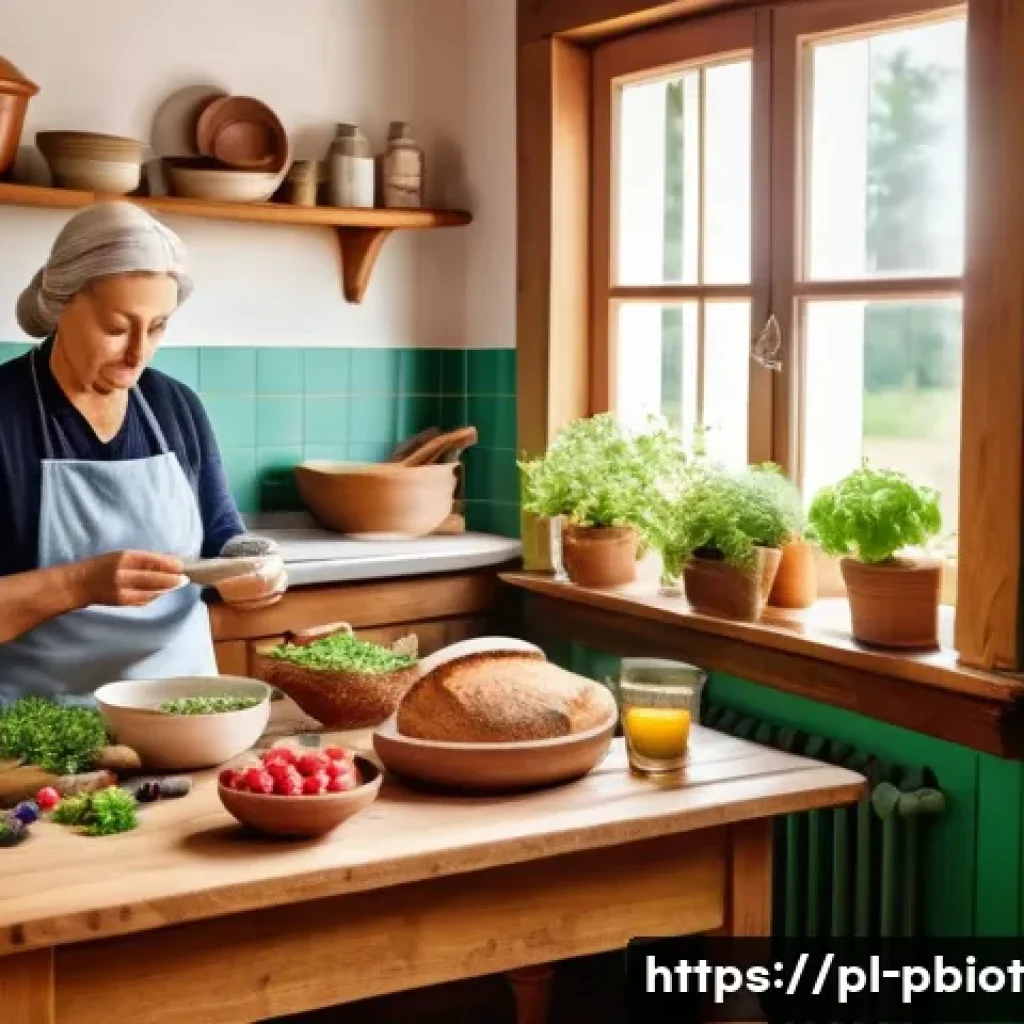 프로바이오틱스와 장 건강을 위한 한 주간 계획 - A cozy, sunlit Polish kitchen scene featuring a middle-aged person preparing a balanced meal rich in...