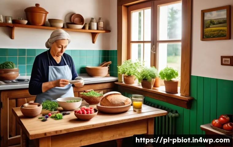 프로바이오틱스와 장 건강을 위한 한 주간 계획 - A cozy, sunlit Polish kitchen scene featuring a middle-aged person preparing a balanced meal rich in...