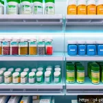 Home 19 프로바이오틱스의 효과적인 섭취 방법 - A modern pharmacy shelf in Poland featuring a variety of probiotic supplements in capsules, powders,...