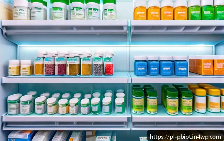 프로바이오틱스의 효과적인 섭취 방법 - A modern pharmacy shelf in Poland featuring a variety of probiotic supplements in capsules, powders,...