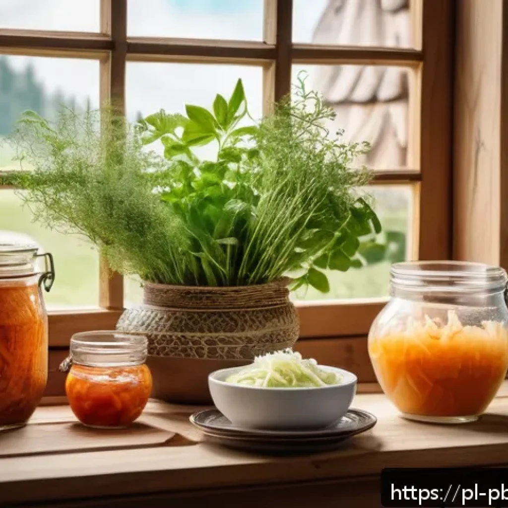프로바이오틱스 음식으로 기분 전환하기 - A cozy Polish kitchen scene featuring a rustic wooden table with traditional fermented foods: a jar ...