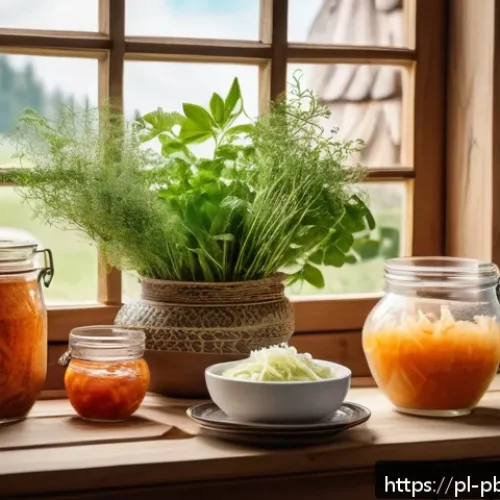 Home 30 프로바이오틱스 음식으로 기분 전환하기 - A cozy Polish kitchen scene featuring a rustic wooden table with traditional fermented foods: a jar ...