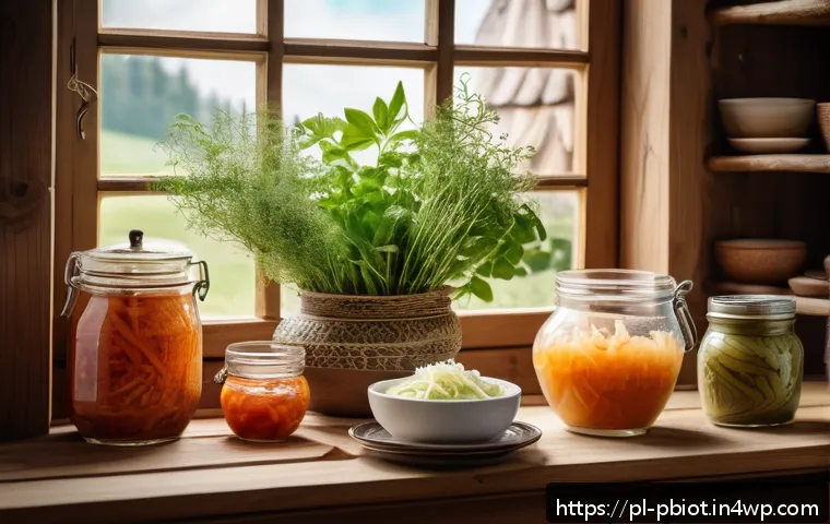 프로바이오틱스 음식으로 기분 전환하기 - A cozy Polish kitchen scene featuring a rustic wooden table with traditional fermented foods: a jar ...