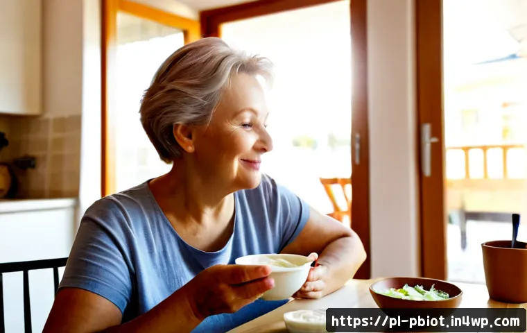 Home 13 프로바이오틱스와 장내 미생물의 교류 - Photorealistic close-up of a healthy Polish woman in her 60s enjoying natural yogurt with a spoon at...