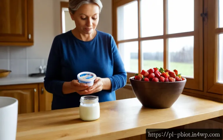 프로바이오틱스 음식 소비 시 유의사항 - Photorealistic close-up of a middle-aged Polish woman in a bright home kitchen carefully checking an...