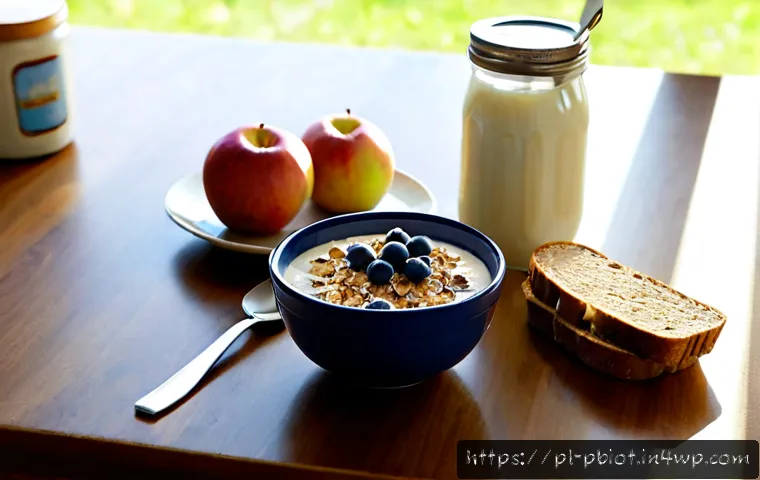 프로바이오틱스와 영양소 흡수의 관계 - Photorealistic healthy breakfast scene in a bright Polish home kitchen, a clear glass bowl of plain ...