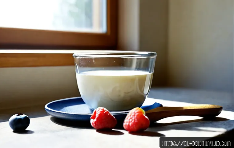 요구르트와 프로바이오틱스의 관계 - Photorealistic morning kitchen scene in a bright Polish home, a plain glass bowl of creamy natural y...
